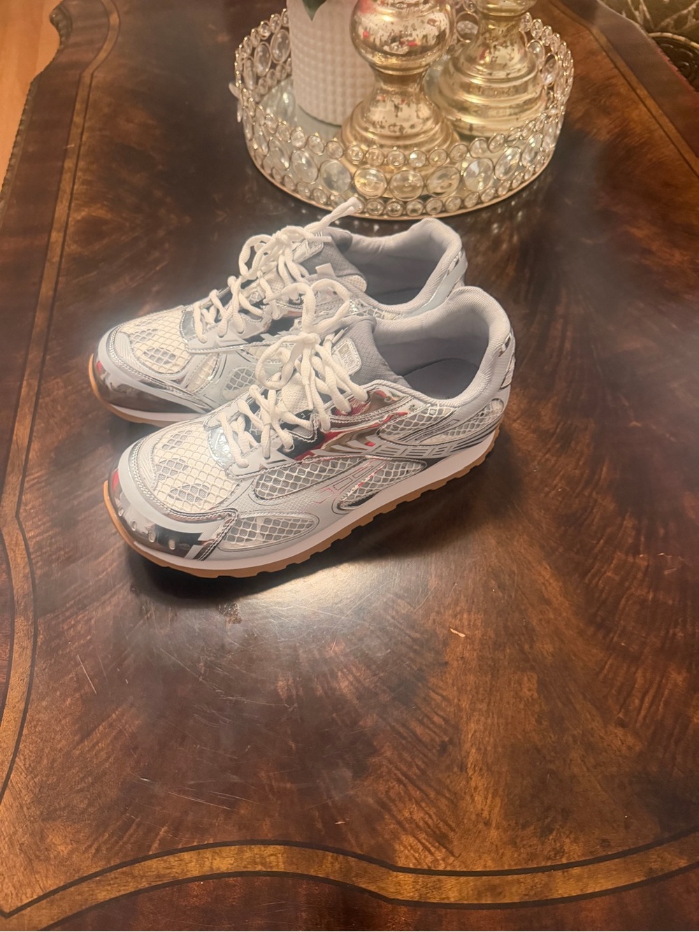 Bottega Veneta White Mesh Athletic Sneakers with Silver Accents